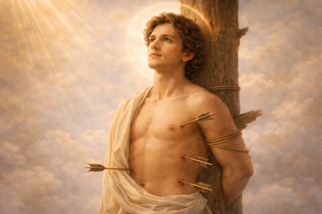 Ilustração de São Sebastião, santo mártir católico celebrado em 20 de janeiro, símbolo de fé, coragem e fidelidade a Cristo.